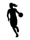 Black silhouette of a girl's basketball player runs with a ball and dribbling Royalty Free Stock Photo