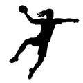 Black silhouette of a women's handball girl player jumped high to throw the ball