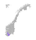 Vector isolated simplified illustration with grey silhouette of Norway, violet contour of Aust-Agder