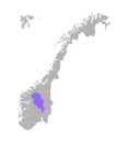 Vector isolated simplified illustration with grey silhouette of Norway, violet contour of Oppland