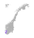 Vector isolated simplified illustration with grey silhouette of Norway, violet contour of Rogaland