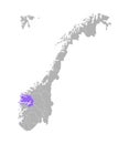 Vector isolated simplified illustration with grey silhouette of Norway, violet contour of Sogn og Fjordane