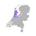 Grey silhouette of Netherlands` Holland provinces. Selected administrative division - North Holland