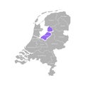 Grey silhouette of Netherlands` Holland provinces. Selected administrative division - Flevoland.