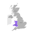 Vector isolated simplified illustration icon with grey silhouette of UK provinces. Selected administrative division - Wales.