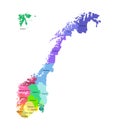 Vector isolated simplified illustration with silhouette of Norway, colorful contours of regions. Names of counties.