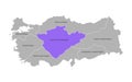 Vector isolated simplified map of Turkey regions. Marked Central Anatolia Region. Borders and names of administrative divisions.