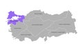 Vector isolated simplified map of Turkey regions. Marked Marmara Region. Borders and names of administrative divisions