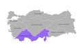 Vector isolated simplified map of Turkey regions. Marked Mediterranean Region. Borders and names of administrative divisions.