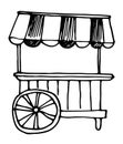 Vector isolated street mobile trolley with striped canopy and wheel, hand-drawn sketch style black outline on white background for