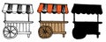 Vector isolated street mobile trolley with a striped red and white canopy and a wheel. a set of hand-drawn sketch of a food shop,