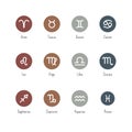 Vector isolated zodiac icons set with titles. Collection of twelve round colored pictograms of horoscope signs