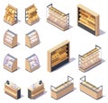 Vector isometric bakery store stands and shelves