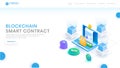 Vector isometric blockchain Contract concept with blocks, cubes and circuit board. Cryptocurrency, digital money, smart contracts