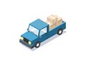 Vector isometric blue wagon car with boxes, minivan, trucks for cargo.