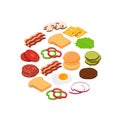 Vector isometric burger ingredients in circle illustration