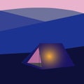 Vector isometric camping tent icon. Triangular blue tent with scenic background