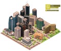 Vector isometric city downtown. Central business district of the city. City center includes skyscrapers, buildings, offices, multi