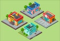 Vector isometric city buildings kiosk convenience store supermarket. Barbershop, pharmacy, beauty salon, fitness gym and
