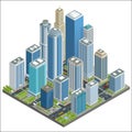 Vector isometric city center map with skyscrapers, offices, stores, streets, vehicles, commercial and business area used