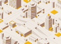 Vector isometric city concept in outline style. Vector buildings and cars, yellow shadows. Concept landscape good for modern