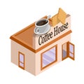 Vector isometric coffee house. Facade of coffee house isolated on white background. Street coffee house. Freshly brewed coffee.