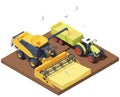 Vector isometric combine harvester and tractor at harvest