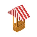 Vector isometric 3d illustration of empty market stall with red and white striped. Wooden counter with canopy for street