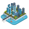 Vector isometric 3D illustrations of modern urban quarter with skyscrapers, offices, residential buildings, transport Royalty Free Stock Photo