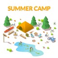 Vector isometric 3d low poly elements in the camping site Royalty Free Stock Photo