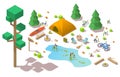Vector isometric 3d low poly elements in the camping site Royalty Free Stock Photo