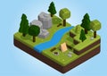 Isometric 3d low poly elements in the camping site