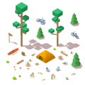 Vector isometric 3d low poly elements in the camping site Royalty Free Stock Photo