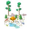 Vector isometric 3d low poly elements in the camping site Royalty Free Stock Photo