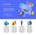 Vector isometric data and computer safety icons landing page template illustration