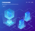 Vector isometric concept of ethereum blockchain mining. Crypto currency ethereum coin in transparent cube above