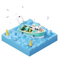 Vector isometric fishing boat in the sea