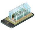 Vector isometric greenhouse with glass walls in mobile phone, isometric perspective. Royalty Free Stock Photo