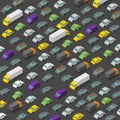 Vector isometric high traffic jam. A lot of cars. Transport highway background pattern. Top view of the road and multi-colored