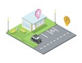 Vector isometric ice cream shop with parking and place for rest, pin geotag