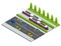 Vector isometric icon City Transport or infographic element tramway approaching tram station on the street with cars