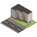 Vector isometric icon or infographic elements representing low poly town apartment, office building with street and roof for city