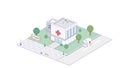 Vector isometric icon representing hospital building with ambulance van