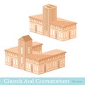 Vector isometric icon set or infographic elements representing buildings of crematorium and church in brown
