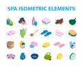 Vector isometric icons spa elements set. 3d realistic spa and massage salon objects collection. Candles, skincare