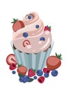 Vector isometric illustration of cupcake dessert served with fresh berries, blueberry, strawberry, raspberry. Royalty Free Stock Photo