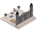 Vector isometric illustration of a film set with a set of filmmaking elements