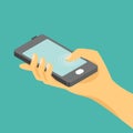 Vector isometric illustration of hand and a smartphone.
