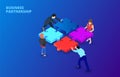 Vector isometric illustration with people holding a puzzle piece on a dark blue background. Teamwork concept banner Royalty Free Stock Photo