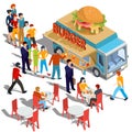 Vector isometric illustration people order and buy food and drink in a hamburger food truck